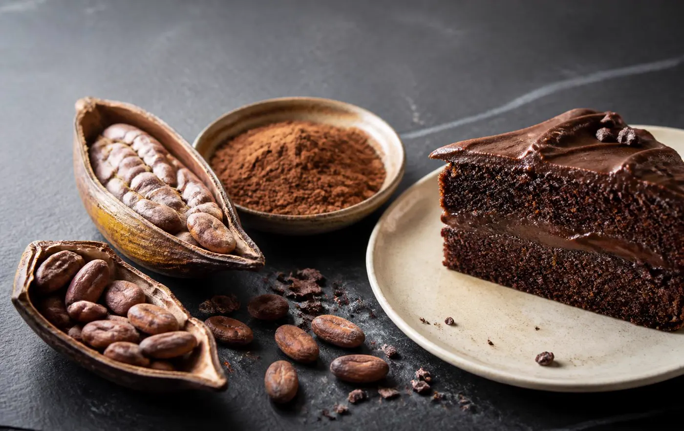 Vainas y granos de cacao junto a cacao en polvo y una porción de torta de chocolate