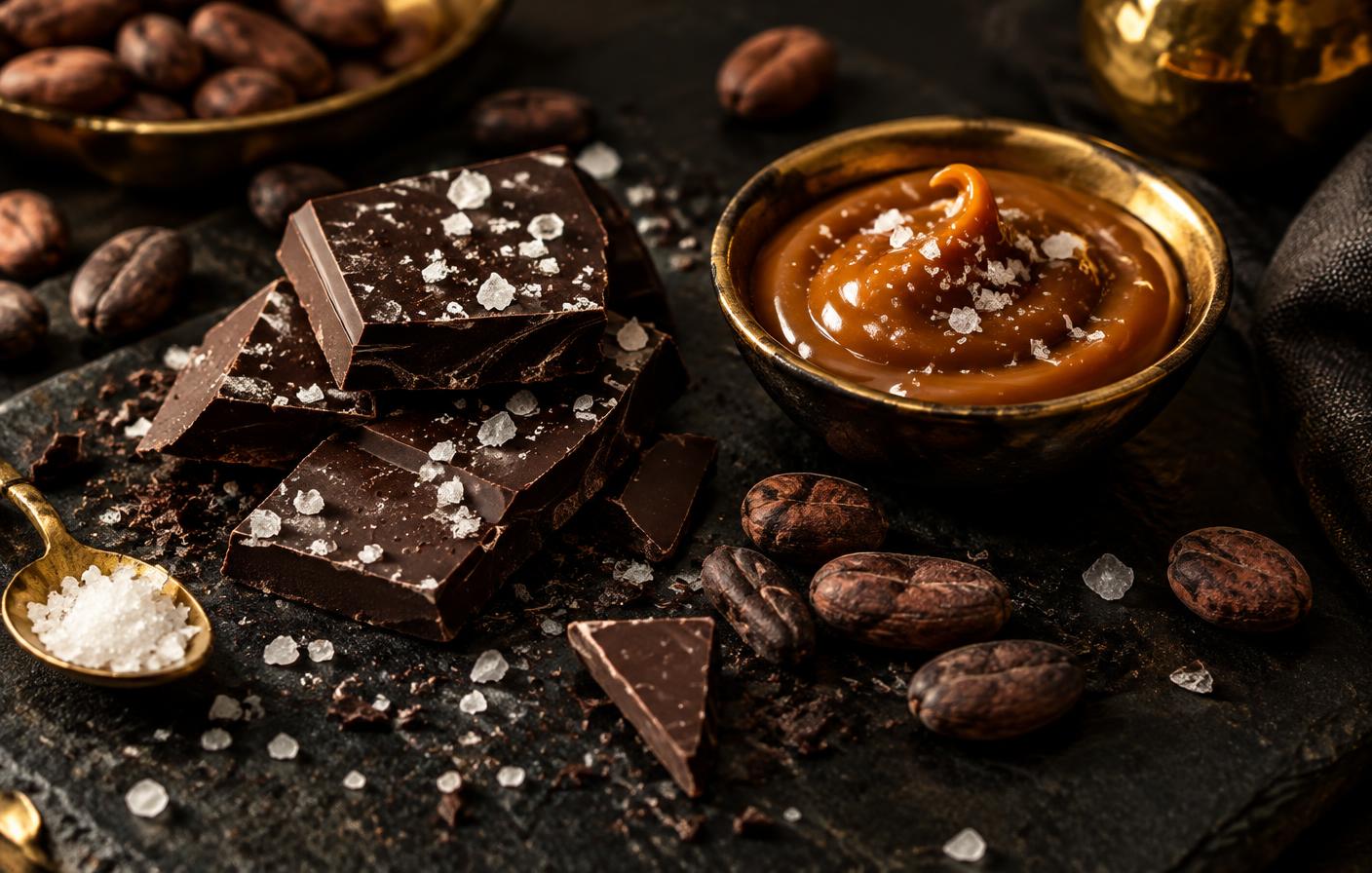 Trozos de chocolate oscuro con escamas de sal marina junto a caramelo salado y granos de cacao
