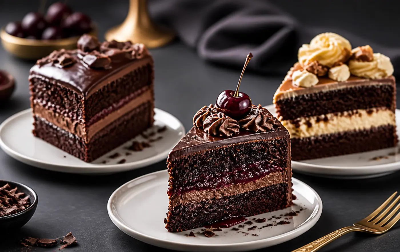 Tres porciones de torta de chocolate con distintos rellenos y coberturas