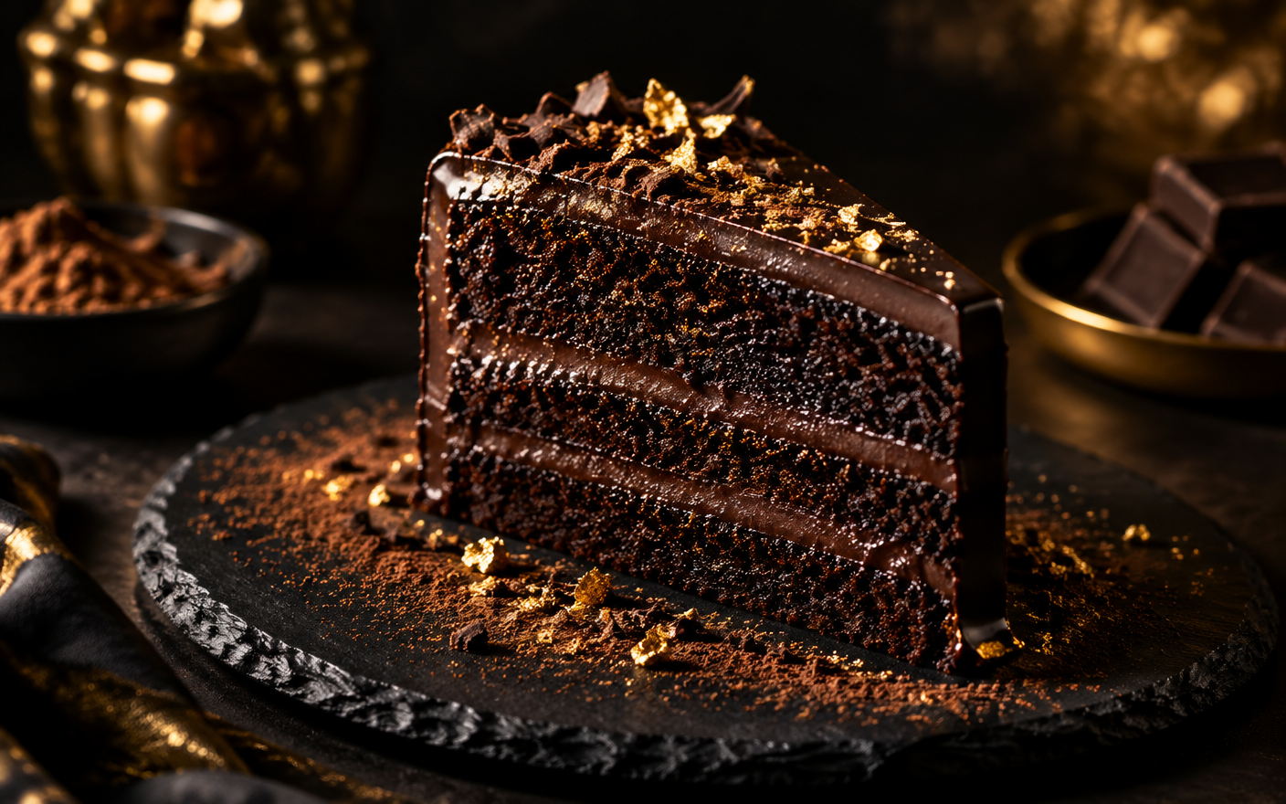 Porción alta de torta de chocolate húmeda con cobertura brillante sobre pizarra negra