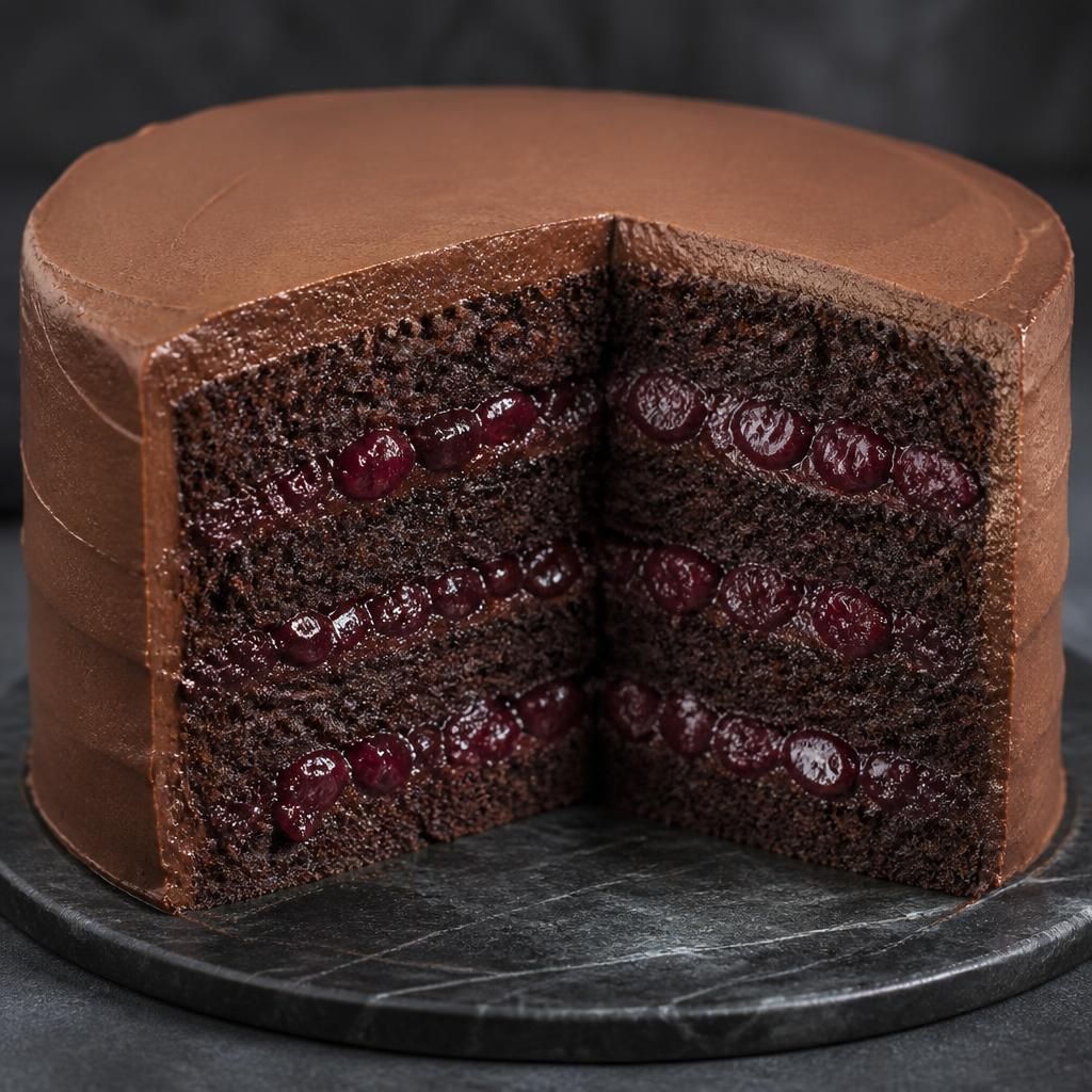 Corte de una torta de chocolate húmeda con relleno de cerezas