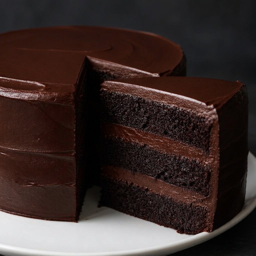Corte de la torta de chocolate húmeda y esponjosa de La Chococakeria